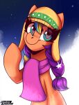  clothing digital_media_(artwork) earth_pony equid equine eyelashes female feral green_eyes hair hasbro hat headgear headwear hi_res hooves horse mammal mlp_g5 multicolored_hair my_little_pony orange_body pony purple_hair scarf shadowreindeer signature smile solo sunny_starscout_(mlp) 