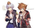  ... 2boys aqua_eyes belt belt_buckle black_belt black_gloves black_pants blue_eyes blue_pants blush brown_hair buckle chain_necklace chibi fingerless_gloves gloves grey_gloves grey_hair grey_shirt hair_between_eyes hood hood_down hooded_jacket jacket jewelry kingdom_hearts kingdom_hearts_iii male_focus multiple_boys necklace open_mouth pants parted_lips riku_(kingdom_hearts) sasanomesi shirt short_hair short_sleeves smile sora_(kingdom_hearts) spiked_hair upper_body white_background white_shirt 