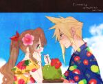  1boy 1girl aerith_gainsborough alternate_costume bangs blonde_hair blue_eyes blue_shirt blush breasts brown_hair cloud_strife coconut collared_shirt dress drinking_straw earrings final_fantasy final_fantasy_vii final_fantasy_vii_remake floral_print flower frilled_sleeves frills green_eyes hair_between_eyes hair_flower hair_ornament hair_ribbon hawaiian_shirt hibiscus jewelry krudears long_hair looking_at_another medium_breasts open_mouth outdoors parted_bangs pineapple_print pink_flower ponytail profile red_ribbon ribbon shared_drink shirt short_hair short_sleeves sidelocks single_earring smile spiked_hair teeth tropical_drink upper_teeth yellow_dress 