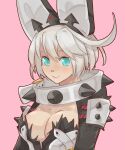  1girl absurdres ahoge belt blue_eyes breasts cleavage closed_mouth clover collar elphelt_valentine four-leaf_clover guilty_gear guilty_gear_xrd hair_between_eyes hairband heart highres huge_ahoge large_breasts light_blush looking_at_viewer mil17459623 pink_background short_hair simple_background smile solo spiked_collar spiked_hairband spikes upper_body white_hair 