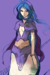  1girl blue_hair bracelet breasts breath_of_fire breath_of_fire_i cape closed_mouth deis highres hood jewelry kannoaki lamia long_hair looking_at_viewer monster_girl simple_background solo staff 