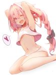  ;d androgynous armpits arms_up astolfo_(fate) black_bow bow eyebrows_visible_through_hair fate/apocrypha fate_(series) hair_between_eyes hair_bow hands_in_hair heart long_hair male_focus midriff navel one_eye_closed open_mouth otoko_no_ko panties pink_eyes pink_hair ponytail saihate_(d3) sitting smile solo speech_bubble stomach tank_top underwear very_long_hair wariza white_panties 