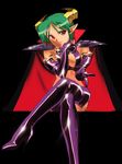  90s boots cape carrera cleavage_cutout collar demon demon_girl elbow_gloves game gloves green_hair halter_top halterneck high_heels highres horns jewelry looking_at_viewer official_art oldschool red_eyes shoes skull sogna succubus thighhighs viper viper_gts 
