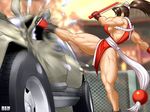  brown_hair car damaged_vehicle fatal_fury glass kicking king_of_fighters motor_vehicle muscle muscles muscular muscular_female shiranui_mai snk vehicle 