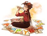 1boy box brown_eyes brown_hair buttons eating food lloyd_irving looking_back male male_focus pants pizza ribbon short_hair simple_background sitting solo spiked_hair suspenders tales_of_(series) tales_of_symphonia text yamegihara 