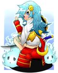  ass bishamon blue_eyes blue_hair capcom ghost helmet highres katana midnight_bliss sword vampire_(game) weapon 