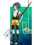  1girl bare_shoulders blue_hair female gensou_suikoden gensou_suikoden_v goggles hazuki_(pixiv225415) polearm sandals sarashi short_hair solo spear subala suikoden suikoden_v toeless_socks trident weapon yellow_eyes 