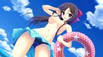  1girl ama_ane bikini breasts brown_hair cameltoe game_cg hair_ribbon innertube kikurage kikurage_(plastic_people) navel nipples peassoft purple_eyes ribbon sarong sky solo submerged swimsuit topless yashima_otome 