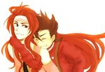  2boys ^_^ brown_hair eyes_closed gloves grey_eyes headband hug hug_from_behind lloyd_irving long_hair lowres male male_focus multiple_boys red_gloves red_hair runta short_hair simple_background smile suspenders tales_of_(series) tales_of_symphonia zelos_wilder 