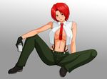  blush breasts denim jeans king_of_fighters large_breasts makani_kohitujito makanikohitujito midriff navel necktie open_clothes open_shirt pants red_hair shirt short_hair snk sweat vanessa 