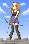  archer archer_(fft) arrow boots bow_(weapon) brown_eyes brown_hair female final_fantasy final_fantasy_tactics gloves krs_(pixiv139418) long_hair marksman outdoors sky solo thighhighs weapon 