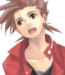  1boy brown_eyes brown_hair buttons face iwatsuki jacket lloyd_irving male male_focus open_mouth short_hair simple_background solo spiked_hair tales_of_(series) tales_of_symphonia white_background 