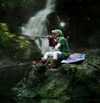  blond blonde_hair boots cosplay fairy forest gauntlets gloves hat instrument lake link moss music nature nintendo ocarina outdoors photo plant pointy_ears real shield sitting sword the_legend_of_zelda tree water waterfall weapon 