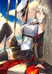  1girl azur_lane belt black_belt black_bra black_coat black_neckwear bra breasts cloud cloudy_sky coat collared_shirt commentary_request enterprise_(azur_lane) eyebrows_visible_through_hair hat highres jewelry large_breasts long_hair military miniskirt necktie open_clothes open_coat otsunabe_(naabe_delta) peaked_cap purple_eyes reclining ring see-through shirt silver_hair skirt sky sleeveless sleeveless_shirt solo underbust underwear wedding_band white_hat 