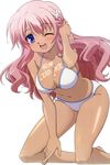 1girl absurdres artist_request baka_to_test_to_shoukanjuu bikini blue_eyes blush body_writing breasts busty cleavage dark_skin extraction eyes_closed female hair_ornament highres himeji_mizuki legs long_hair open_mouth photoshop pink_hair render simple_background smile solo swimsuit tan tanline tanlines tanned thighs wink 