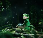  airbrushed belt cosplay fairy ferns forest girl green_hair hairband moss nature nintendo outdoors photo plant pointy_ears real saria scenery sitting the_legend_of_zelda tree 
