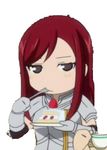  1girl blush brown_eyes cake chibi cup eating erza_scarlet fairy_tail female food fruit long_hair lowres red_hair solo strawberry 