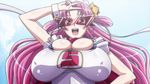  breasts covered_nipples huge_breasts pink_hair plump screencap seikon_no_qwaser solo sunglasses superhero tsujidou_miyuri v 