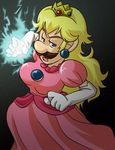  blonde_hair breasts crossdress crossdressing crown dress electricity hand hands luigi mario_&amp;_luigi mario_(series) nintendo princess_peach princess_peach_(cosplay) super_mario super_mario_bros. 