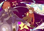  2boys age_difference belt bodysuit boots brown_eyes brown_hair buttons father_and_son gloves happy kratos_aurion lloyd_irving male male_focus multiple_boys open_mouth pants profile ribbon shoes short_hair sitting smile space spiked_hair star stars suspenders sword tales_of_(series) tales_of_symphonia weapon zenraikuji 