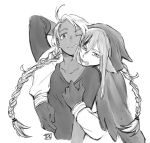  2girls animal_ears arm_up artist_name braiding_hair collar_tug collarbone dl eponine_(fire_emblem_if) fire_emblem fire_emblem_if gloves greyscale hairdressing hand_on_head hood hug hug_from_behind long_hair looking_at_viewer monochrome multiple_girls nintendo one_eye_closed teeth tongue tongue_out twintails velour_(fire_emblem_if) very_long_hair wolf_ears 