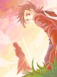  2boys brown_eyes brown_hair buttons coat gloves grass lloyd_irving long_hair looking_at_viewer looking_back looking_down lowres male male_focus multiple_boys red_hair ribbon short_hair sky standing sunset suspenders tales_of_(series) tales_of_symphonia text wanwano zelos_wilder 
