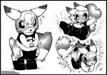  2019 anthro anthrofied black_and_white clothed clothing cosplay_pikachu dialogue electricity female fully_clothed legwear mask monochrome nintendo o-kemono pikachu pikachu_libre pok&eacute;mon pok&eacute;mon_(species) slightly_chubby video_games 