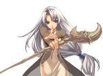  artist_request blue_eyes coat crescent foreshortening little_snow long_hair low-tied_long_hair see-through simple_background solo spectral_(series) spectral_force staff white_background white_hair 