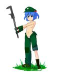  azishio boots flat_chest gloves hair_bobbles hair_ornament hat highres kawashiro_nitori lowleg lowleg_panties overalls panties solo topless touhou twintails underwear wrench 