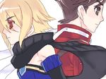  2boys artist_request bare_shoulders blonde_hair brown_eyes brown_hair emil_castagnier lloyd_irving lowres male male_focus multiple_boys profile red_eyes ribbon scarf short_hair simple_background tales_of_(series) tales_of_symphonia tales_of_symphonia_knight_of_ratatosk 