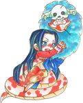  1girl amazon amazon_lily animal bandanna black_hair blue_eyes blue_hair blush boa_hancock chibi earrings female horns hug jacket jewelry long_hair one_piece red_jacket salome_(one_piece) shichibukai sitting skirt skull snake 