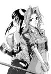  2girls aerith_gainsborough bare_shoulders blush dress earrings elbow_gloves female final_fantasy final_fantasy_vii gloves highres jacket jewelry long_hair mangakakuhito miniskirt monochrome multiple_girls polearm ponytail ribbon skirt staff suspenders tank_top tanktop tifa_lockhart weapon wristband 