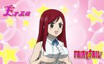  blush breast_grab breasts brown_eyes erza_scarlet fairy_tail grabbing highres large_breasts pink_background red_hair shirt sleeveless solo star white_shirt 