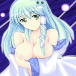  aqua_hair bangs blue_background breast_hold breasts covering covering_nipples detached_sleeves glowing green_eyes hair_censor hair_ornament hair_over_breasts hair_tubes kochiya_sanae large_breasts light_particles long_hair long_sleeves looking_at_viewer outline polka_dot smile snake_hair_ornament solo touhou tyokomona upper_body wide_sleeves 