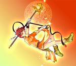  boots female full_body gensou_suikoden gensou_suikoden_i gloves gradient gradient_background hazuki_(pixiv225415) lotte_(suikoden) lowres orange_eyes polearm red_hair short_hair solo staff suikoden suikoden_i weapon 