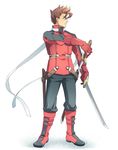  adult belt black_eyes boots brown_hair full_body gloves gradient gradient_background highres hpa_(foolish_factory) hpa_(pixiv) lloyd_irving male male_focus older pants profile red_gloves ribbon shoes short_hair simple_background solo spiked_hair standing sword tales_of_(series) tales_of_symphonia weapon white_background 