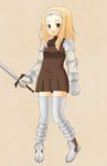  armor blonde_hair boots brown_eyes female final_fantasy final_fantasy_tactics full_body hairband krs_(pixiv139418) long_hair simple_background solo squire squire_(fft) sword thighhighs weapon 