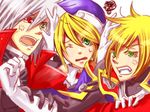  1girl 2boys angry arc_system_works beret blazblue blazblue:_calamity_trigger blonde_hair brothers female green_eyes hat heterochromia jin_kisaragi kankokuiwanori kisaragi_jin lowres male multiple_boys noel_vermillion one_eye_closed open_mouth ragna_the_bloodedge red_eyes short_hair siblings silver_hair sweatdrop wink 