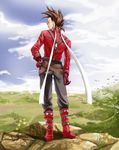  1boy adult belt boots brown_hair buttons cloud flower full_body gloves hand_on_hip hips landscape lloyd_irving male male_focus nannnann nature older outdoors outside pants profile shoes short_hair sky solo standing suspenders tales_of_(series) tales_of_symphonia 