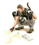  1boy banana bananas capcom chris_redfield coloring drawing food fruit gloves highres knee_pads machete male male_focus muscle resident_evil resident_evil_5 sheath sheathed short_hair 