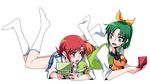 bow crossover gen_5_pokemon green_eyes green_hair hair_bow hair_ornament hairclip handheld_game_console hino_akane_(smile_precure!) lying_on_person midorikawa_nao multiple_girls nanairogaoka_middle_school_uniform nintendo_ds no_shoes open_mouth pokemon pokemon_(creature) ponytail precure red_eyes red_hair school_uniform simple_background sleeves_rolled_up smile_precure! snivy socks sweatdrop sweater_vest tepig tima white_legwear 
