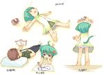  1boy 1girl @_@ animal_ears arm_up bare_arms bare_legs barefoot bloomers blush book brown_hair cat_ears cat_tail child's_drawing crayon drawing_(action) drawing_(object) dress facing_away feet flower green_dress green_eyes green_hair green_skirt hair_flower hair_ornament hand_on_own_cheek hand_on_own_face head_rest holding holding_book jar kito_(sorahate) lying miniskirt no_shoes on_back on_stomach open_book original outstretched_arms pants paper pillow pleated_skirt reaching reading ribbon short_hair short_sleeves simple_background skirt sleeveless sleeveless_dress socks sprawled spread_arms standing steaming_body tail tiptoes translated unconscious underwear upskirt white_background 