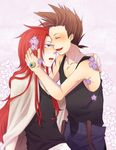  2boys ^_^ bare_shoulders blue_eyes blush brown_hair couple eyes_closed flower hand_in_hair hand_on_back happy hug lloyd_irving long_hair male male_focus multiple_boys open_mouth pants red_hair ritsuka short_hair simple_background smile spiked_hair tales_of_(series) tales_of_symphonia tank_top yaoi zelos_wilder 