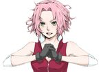  1girl arm_warmers artist_request bare_shoulders black_gloves blush female gloves green_eyes hands_together haruno_sakura headband headdress messy_hair naruto naruto_shippuuden open_mouth pink_hair red_shirt shirt short_hair simple_background sleeveless sleeveless_shirt solo teeth upper_body white_background zipper 