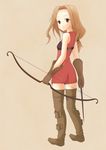  archer archer_(fft) arrow boots bow_(weapon) brown_eyes brown_hair female final_fantasy final_fantasy_tactics full_body gloves krs_(pixiv139418) long_hair looking_back simple_background solo thighhighs weapon 