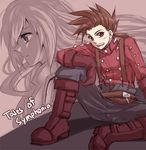  belt boots brown_eyes brown_hair buttons colette_brunel collet_brunel female gloves happy lloyd_irving long_hair male open_mouth pants sad shoes short_hair sitting suspenders tales_of_(series) tales_of_symphonia text v-ko_(vickywa) vko 