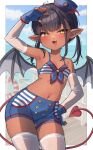  1girl :3 bangs bikini bikini_top_only black_hair blue_gloves blue_headwear blue_shorts blurry blurry_background blush breasts cloud commission dark-skinned_female dark_skin day demon_girl demon_tail demon_wings ear_piercing elbow_gloves fang fingerless_gloves gloves hand_on_hip hat heart highres innertube long_hair looking_at_viewer ocean open_mouth original outdoors piercing pointy_ears red_tail shorts skeb_commission sky small_breasts solo sweat swimsuit tail thighhighs trente twintails white_thighhighs wings yellow_eyes 