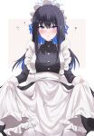  1girl ? alternate_costume apron bangs black_hair blue_archive blue_eyes blunt_bangs blush clothes_lift commentary_request embarrassed enmaided eyes_visible_through_hair hair_between_eyes halo highres kinona lifted_by_self long_hair long_sleeves looking_at_viewer maid maid_apron maid_headdress multicolored_hair parted_lips saori_(blue_archive) sidelocks simple_background skirt skirt_lift solo two-tone_background two-tone_hair 