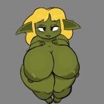  anthro big_breasts blonde_hair blush breasts female goblin green_body green_skin hair hi_res high-angle_view huge_breasts humanoid nipples not_furry nude short_stack simple_background sleepingpowder smile solo thick_thighs wide_hips 