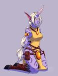  annoyed annoyed_expression big_breasts blush bound breasts captured clothing curvy_figure dress female grey_background hair hands_behind_back hooves horn horned_humanoid humanoid kenangowari kneeling league_of_legends lips long_hair ponytail purple_body purple_lips purple_skin restrained riot_games simple_background solo soraka tattoo thick_thighs video_games white_hair wide_hips yellow_clothing yellow_dress yellow_eyes 